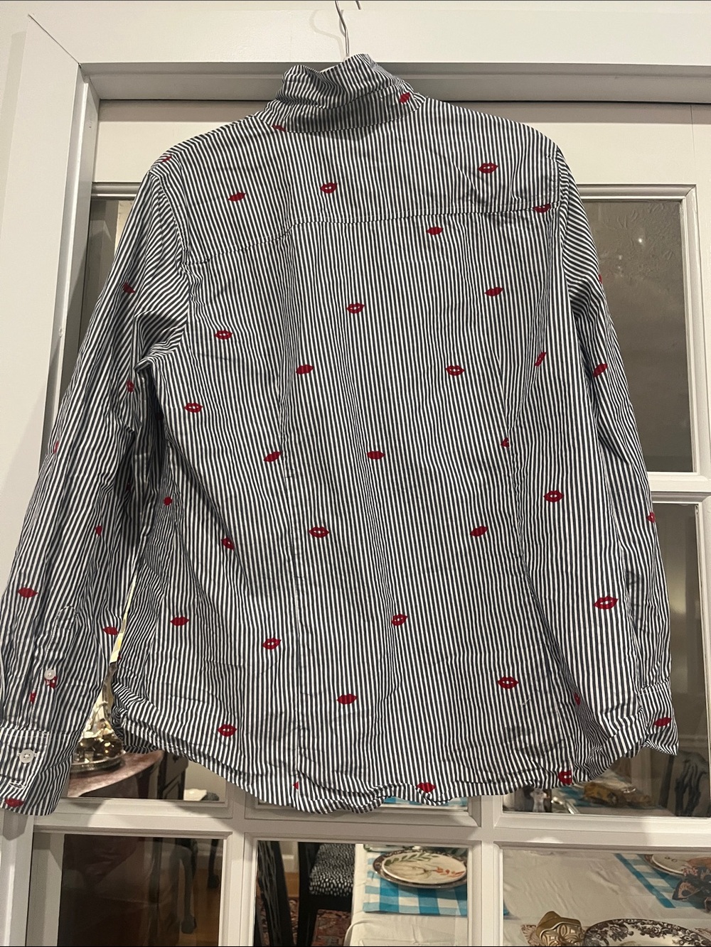 Striped Button-Up Shirt with Red Lip Print - Picture 2 of 2